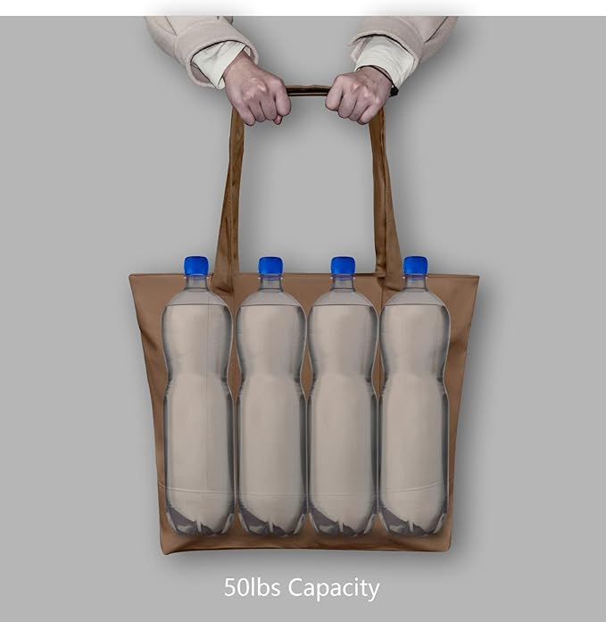 TOPDesign 3-Pack Canvas Tote Bags with an External Pocket, Reusable Grocery Shopping Bags, Top Zipper Closure, Daily Essentials (Brown)