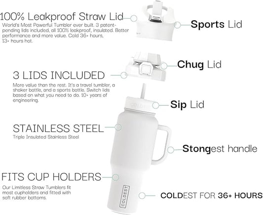 Coldest Tumbler with Handle and Straw - 100% Leak Proof Insulated Tumbler with Lid and Straw (3 Lids) - Stainless Steel Tumblers for Women & Men - Cup Holder Friendly Base, 46 oz (Epic White)