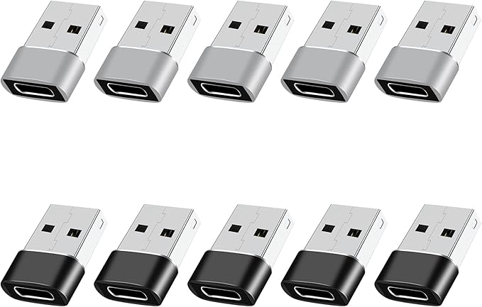 USB to USB C Adapter 10 Pack,USB A to USB C Adapter,USBC Female to USBA Male,C Charging Cable Converter for iPhone 15/14/13,MacBook Pro,Laptop,Black+Grey