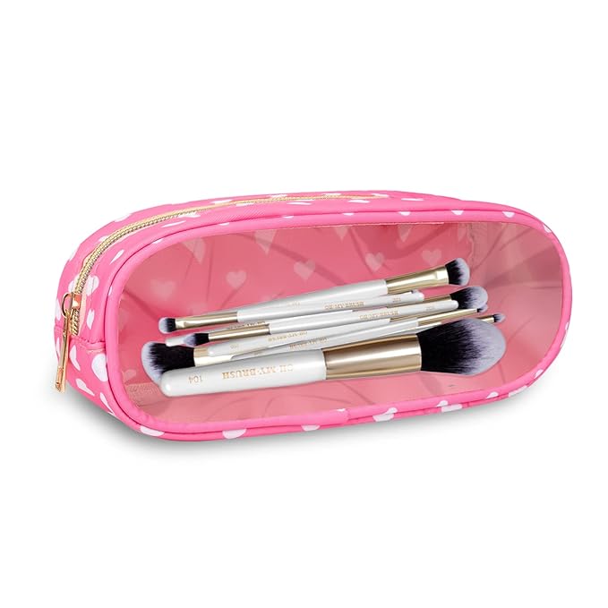 Clear Small Pencil Pouch Makeup Bag for Purse,Nylon&PVC Pencil Case Waterproof Makeup Brush Holder with Zipper,Preppy Transparent Pen Bag Travel Cosmetic Bag for Women Office(Slim-Pink Heart)