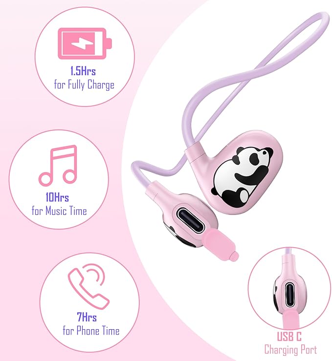 Kids Headphones Wireless, Safe 85db Volume Limit, Latest Bluetooth V5.4, Open Ear Headphones with Mic for School Tablet Car Trip Flight, Cute Panda Earphones for Boys and Girls
