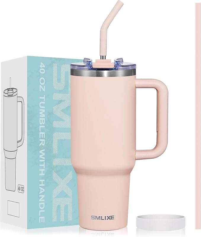 40 oz Tumbler with Handle and Straw Lid,Insulated Reusable Stainless Steel Water Bottle Travel Mug，Cupholder Friendly Double Wall Vacuum Sealed Cup (Rose Quartz)