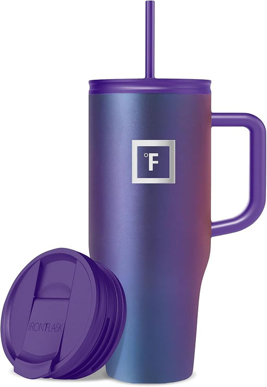 IRON °FLASK Co-Pilot Insulated Mug w/Straw & Flip Cap Lids - Cup Holder Bottle for Hot, Cold Drink - Leak-Proof - Water, Coffee Portable Travel Mug - Aurora, 32 Oz