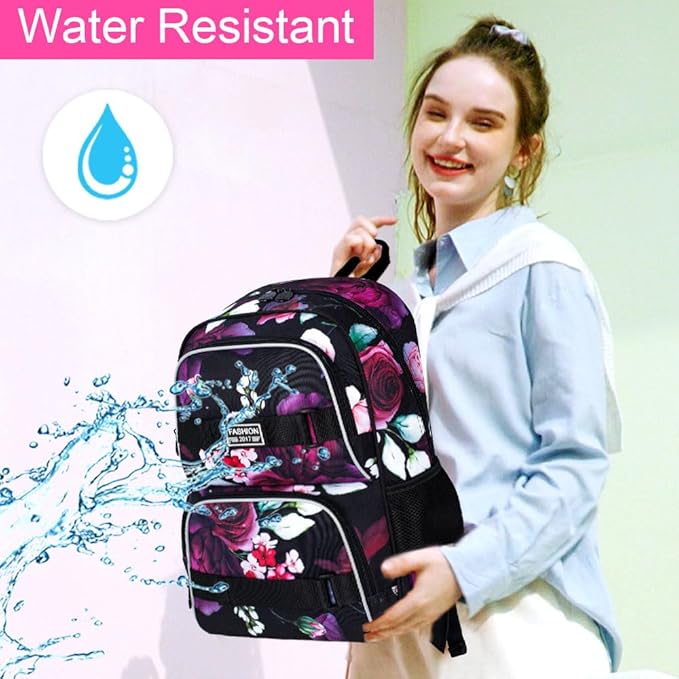 17 Inches Backpack for Girls Women, 3Pcs Rose Laptop Backpacks with Lunch Bag, Water Resistant College School Bookbag Set for Teens Students(Black)