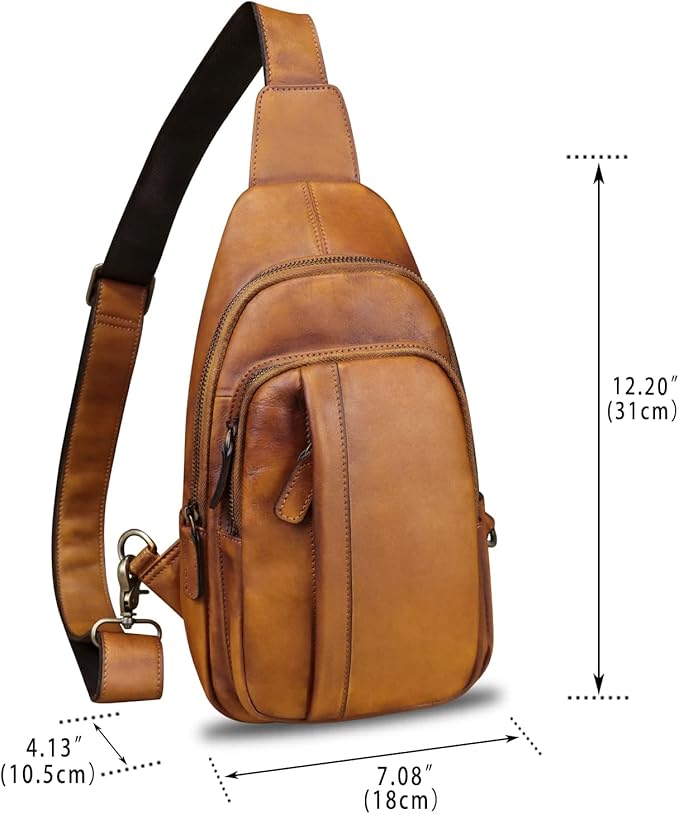 IVTG Genuine Leather Sling Bag Crossbody Casual Hiking Daypack Vintage Handmade Chest Shoulder Backpack Motorcycle Cycling Purses (Brown)