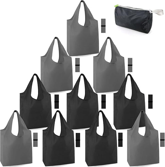 BeeGreen Black and Grey Reusable Grocery Bags Bulk 10 Packs, Kitchen Reusable Shopping Bags 50LBS Large, Machine Washable Durable, Easily Foldable in a Storage Bag