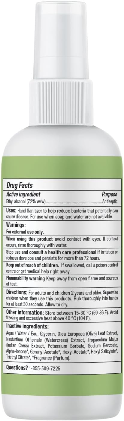 ATTITUDE Hand Sanitizer Spray for Adults and Kids, EWG Verified, Kills Bacteria and Germs, Vegan, Olive Leaves, 3.38 Fl Oz (Spray Bottle) (Pack of 6)