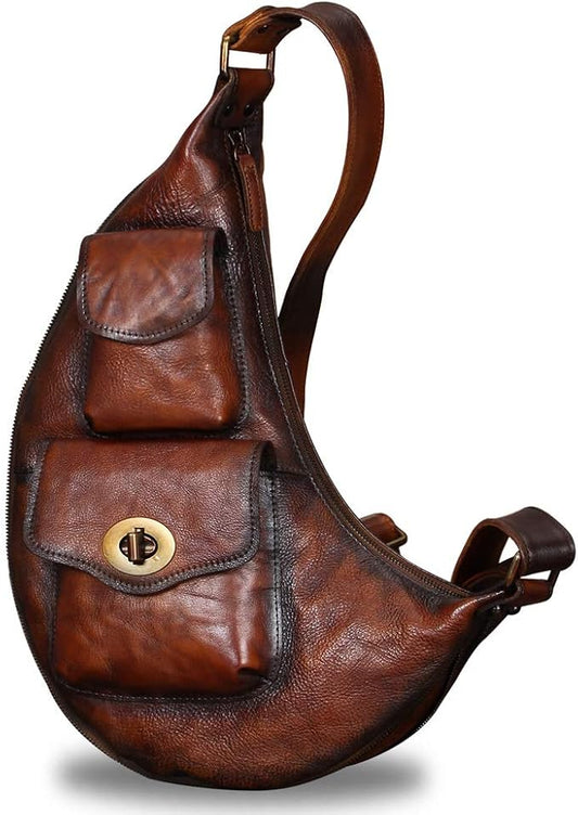 Genuine Leather Large Sling Bag for Men and Women Vintage Real Leather Sling Backpack Shoulder Crossbody Bag Chest Bag