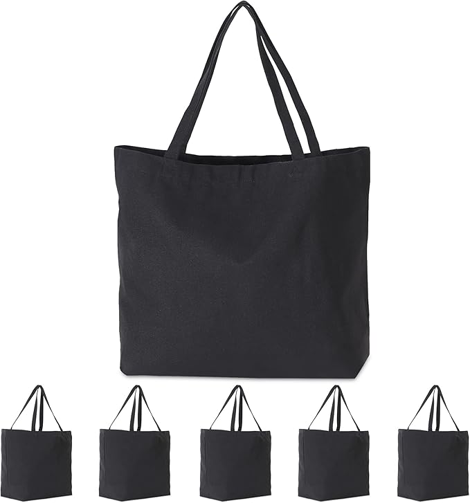 Koolmox 6-PACK 22x16x7.8'' Extra Large Canvas Tote Bags Bulk 12Oz Thick Heavy Duty Reinforced Handles, Blank Black Canvas Grocery Bag Multi Purpose Tote Travel Beach Tote bag Shopping Bags