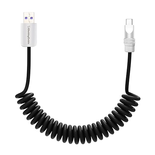 chubbycable Curly Chubby Retractable Fast Charging Cable 120W Coiled Charger Cord for Car Durable USB C Cable Compatible with iPhone 16/15 Series, Black, USB-A to Type-C, 1.3FT-2.3FT