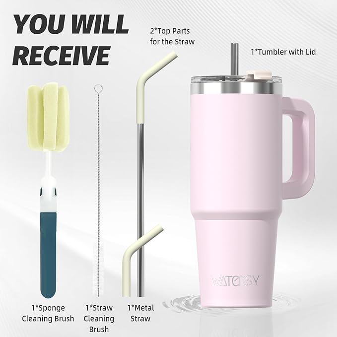 30 oz Tumbler with Handle,Tumbler with Lid and Straw,Double Wall Insulated Cup Stainless Steel Travel Mug(Cold for 34 Hours),Water Bottle for Iced Tea,Coffee,Cold Beverages(Rose Quartz)