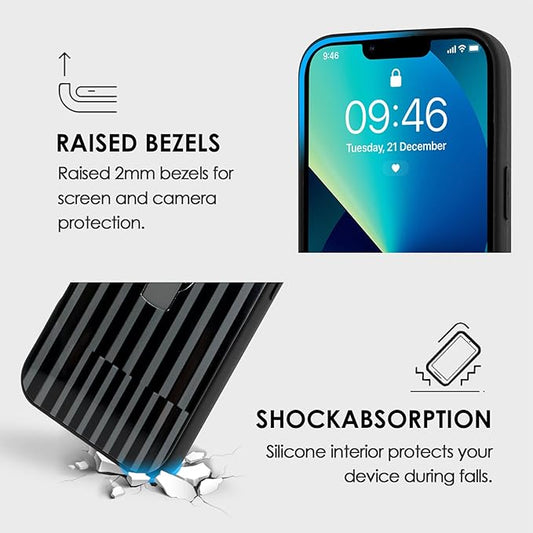 Compatible with iPhone 13 Pro Max Case with Finger Hand Strap Kickstand, Trendy Cool Striped Phone Case for Women Men, Full Camera Protection Shockproof Protective Cover, Black Stripes