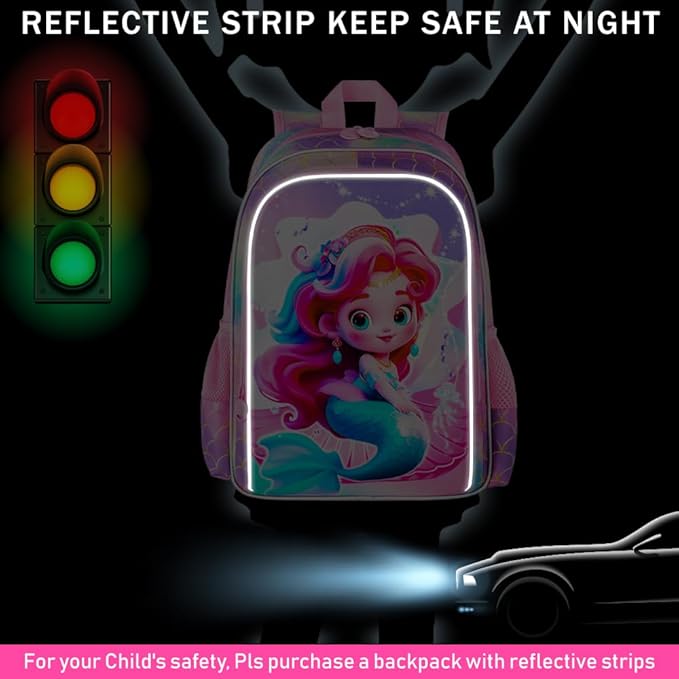 3Pcs Mermaid Backpack for Girls, 16" Kids Bookbag with Lunch Box，School Backpacks for Elementary Preschool Kindergarten (Pink)
