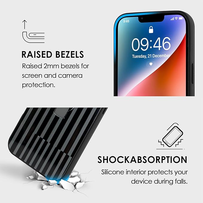 Compatible with iPhone 14 Case with Finger Hand Strap Kickstand, Trendy Cool Striped Phone Case for Women Men, Full Camera Protection Shockproof Protective Cover, Black Stripes