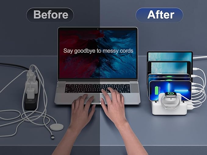 Charging Station for Multiple Devices, 6 Port 50W Fast Multi Charger Station Charging Dock with 6 Mixed Charging Cables for iPhone, iPad, Kindle, Tablet, Cellphone and Others