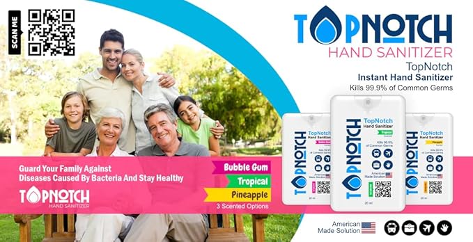 TOP NOTCH Hand Sanitizer, Pack of 24 Pocket Spray (20ml) Variety Pack Tropical, Bubblegum, Pineapple