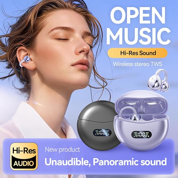 Clip-on Earbuds,Open Ear Earbuds Wireless Bluetooth 5.4, Lightweight Open Ear Headphones with C-Shaped Bridge,Slim Hook,60H Battery,Waterproof,for Glasses Wearers and Workouts (Purple)