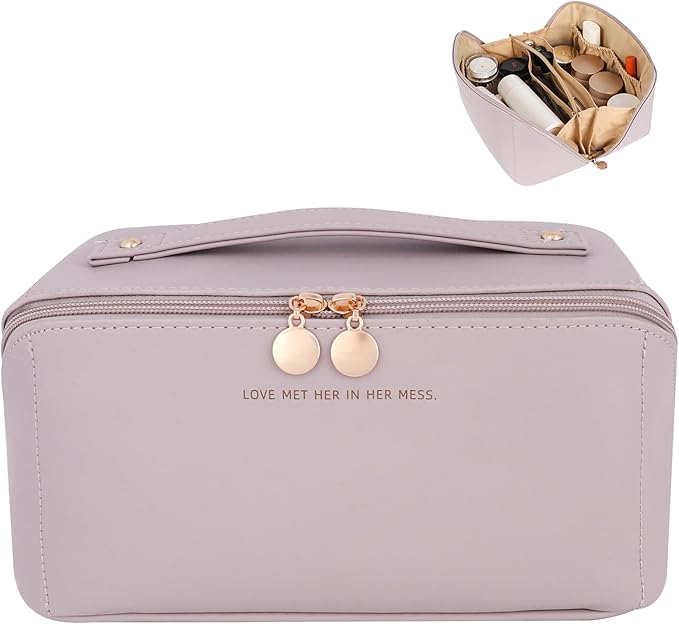 Travel Makeup Bag, Large Capacity Cosmetic Organizer Bags for Women, Waterproof PU Leather Toiletry Bags, Wide Open Flat Makeup Case with Divider and Handle