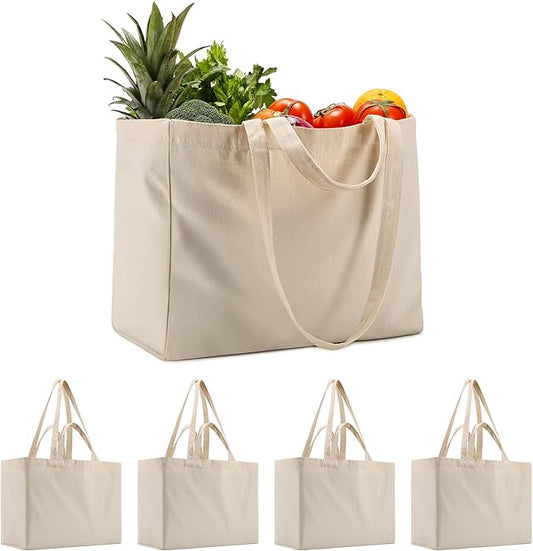 OKBA 5PCS Reusable Grocery Bags with Long Shoulder Straps and Short Handles,Inside Pocket.Large Canvas Shopping Bag