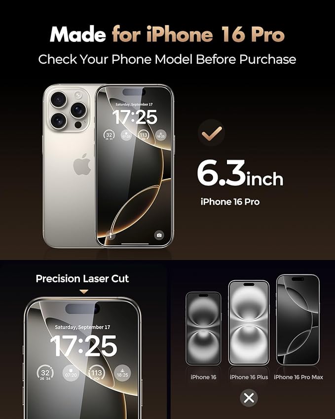 UNBREAKcable Screen Protector for iPhone 16 Pro, Pull-To-Protect Easy Installation, Auto Dust-Elimination, 9H+ Military-Grade Tempered Glass, Bubble-Free, Case Friendly, HD Clear, 6.3 Inch, 2 Pack
