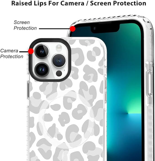 SAKUULO Magnetic for iPhone 13 Pro Max Case Light Gray Leopard Print Pattern [Compatible with MagSafe] Wireless Charge Slim Shockproof Case for Phone 13 Pro Max Phone Case, Gray Leopard (6.7")