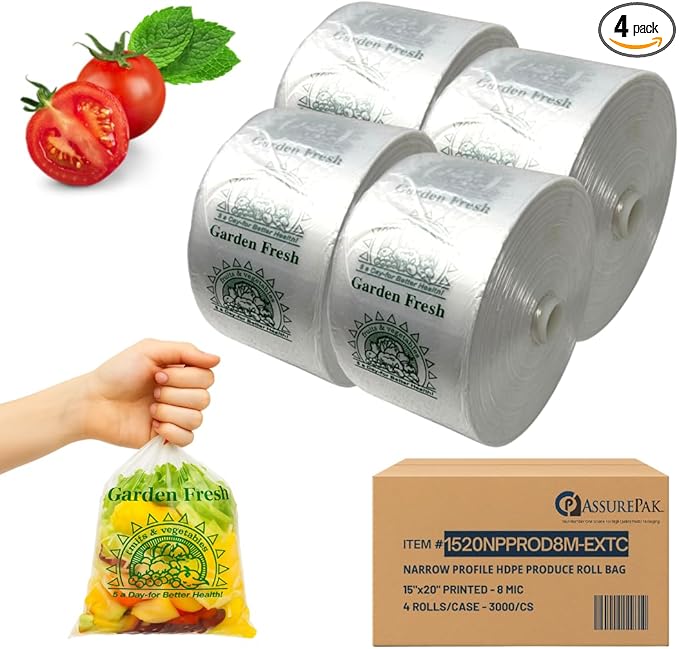 Clear Produce Bags Roll - 3000 Bags - 15"x20" – (4 Rolls, 8 Microns) – for Grocery, Small Business, Reusable Produce Use, Food & Storage Needs, Garden Fresh, Narrow Profile, Kitchen Use
