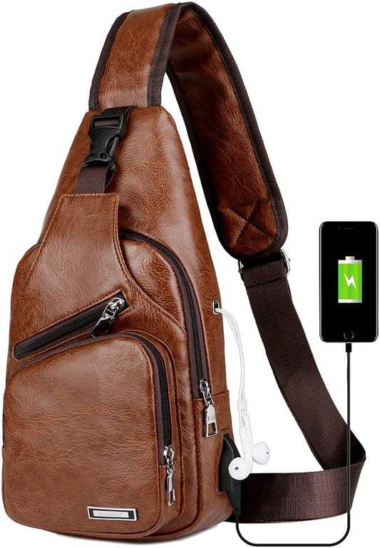 Peicees Leather Sling Bag Mens Crossbody Bag Chest Bag Sling Backpack for Men with USB Charge Port