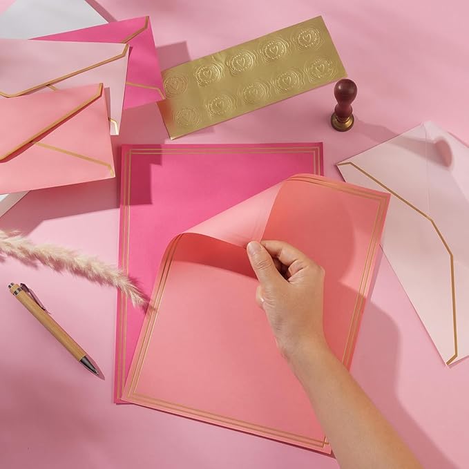 50 Pack 5 Colors Stationery Set with Gold Border, #10 Business Envelopes and 8.5x11 Paper Sheets and Stickers for Writing Letters (Pink)