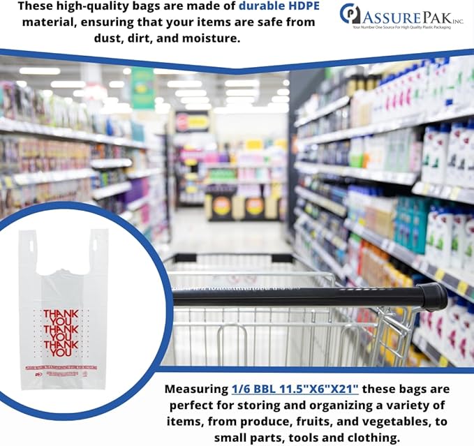 Easy Open - 1000 Bags - White 'Thank You' HDPE T-Shirt Bags - 1/6 BBL 11.5"X6"X21" - 13 Microns – for Retail, Takeout, Restaurant Supplies – AssurePak