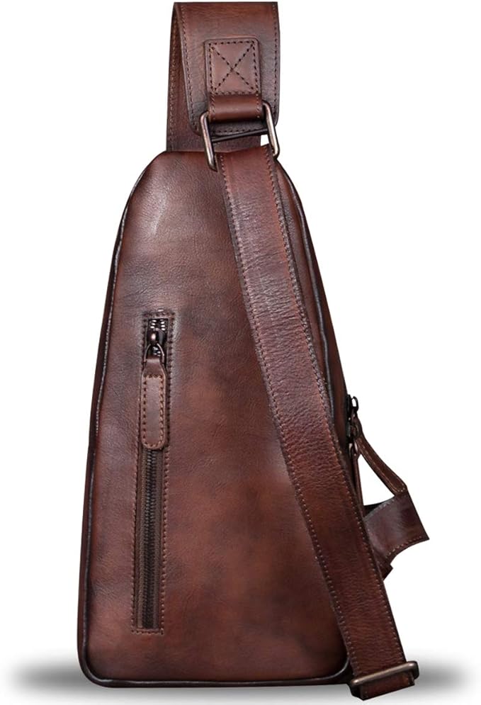 IVTG Genuine Leather Sling Bag for Men and Women Chest Shoulder Crossbody Hiking Backpack Vintage Handmade Daypack