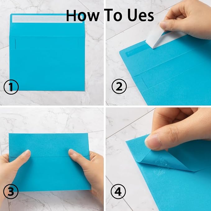 Wishop 50 Pack Blue Self-Adhesive Envelopes with Fold Cards 5 Colors for Wedding Invitations and Greeting Cards (Blue 5 Colors, 5x7)
