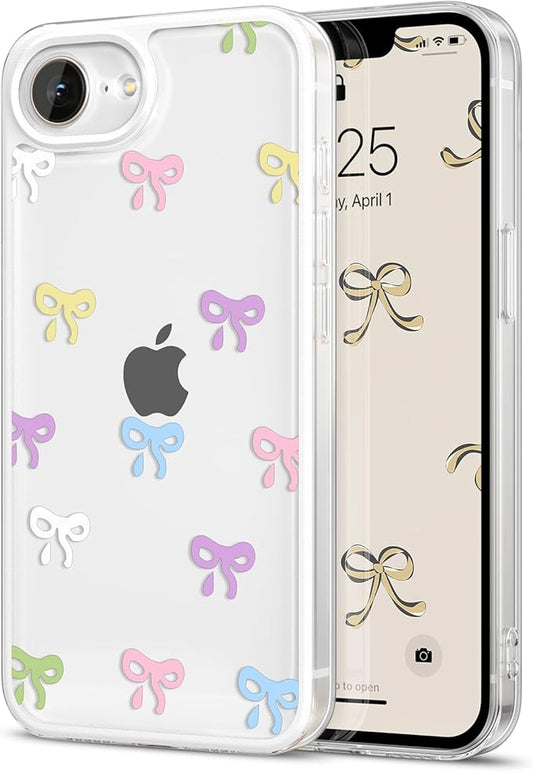 EYZUTAK Case for iPhone 16e, Clear Cute Ribbon Bowknot Pattern Aesthetic Transparent Phone Case Raised Camera Protection Stylish Slim Soft Durable TPU Protective Cover for Women Girls - Colorful
