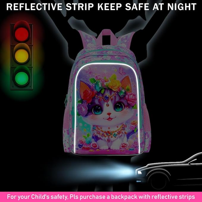 3Pcs Cat Backpack for Girls, 16" Kids School Backpacks with Lunch Box, Bookbag for Elementary Preschool Kindergarten(Pink)