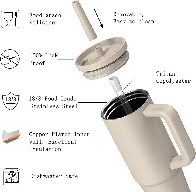 TILUCK 30 oz Tumbler with Handle, Vacuum Insulated Stainless Steel Travel Mug with 100% Leak-Proof Silicone Straw Lid, Cupholder Friendly Water Bottle(MistyGray, 30oz)