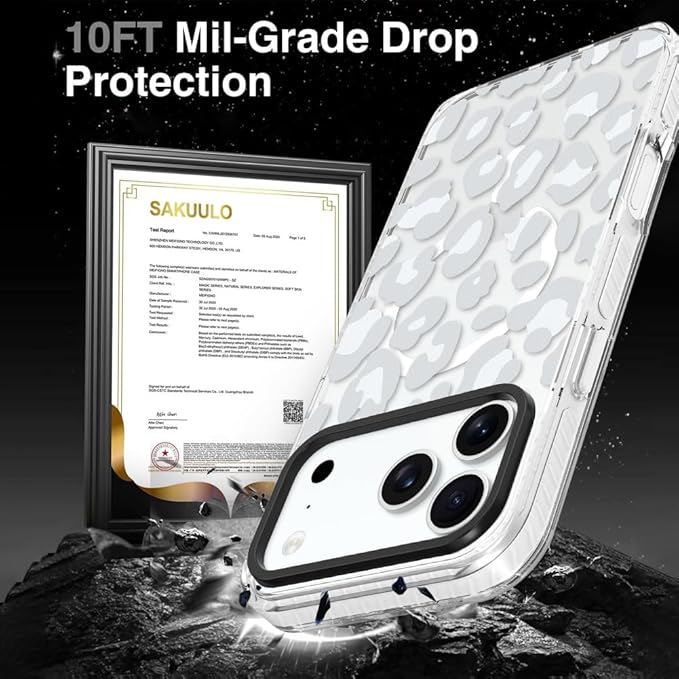 SAKUULO Magnetic for iPhone 17 Pro Case with Screen Protector [Compatible with MagSafe] Light Gray Leopard Print Pattern Wireless Charge Strengthen Protection Cover Light Gray Leopard (6.3")