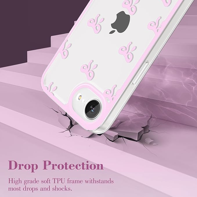 EYZUTAK Case for iPhone 16e, Clear Cute Ribbon Bowknot Pattern Aesthetic Transparent Phone Case Raised Camera Protection Stylish Slim Soft Durable TPU Protective Cover for Women Girls - Pink