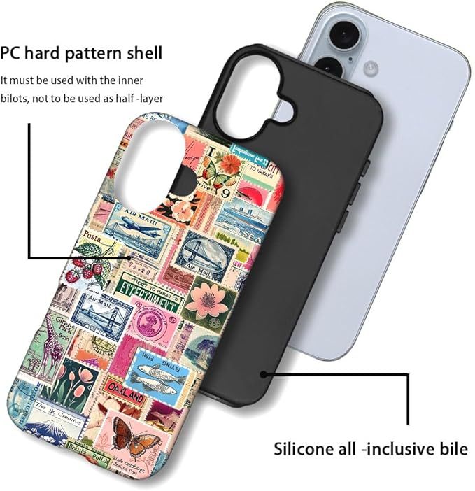 DAIZAG Case Compatible with iPhone 16 Plus,Fit Shockproof Cover for Women Girls,Retro Stamp Collage