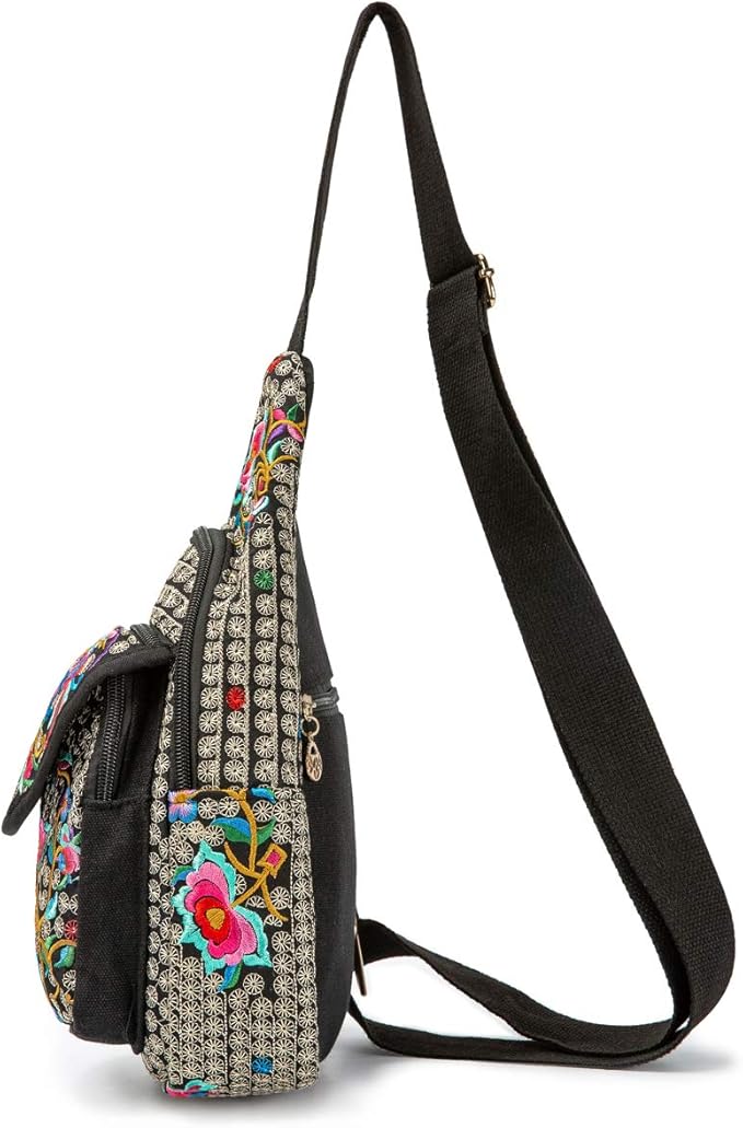 SILKAREA Embroidered Canvas Sling Backpack for Women Travel Chest Bag Crossbody Backpack Purse Shoulder Bag Medium