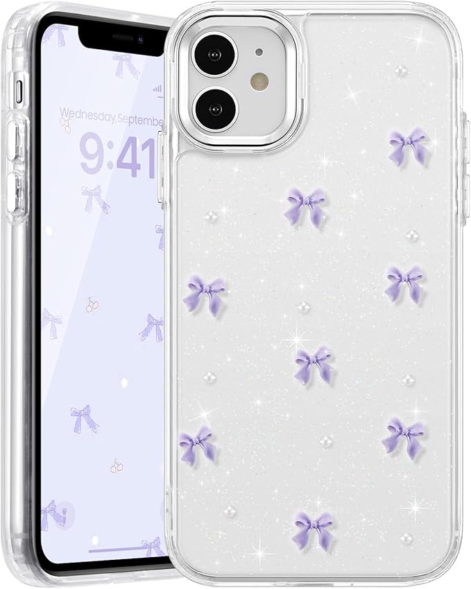 EYZUTAK Case for iPhone 11, Bling Glitter 3D Bowknot Phone Case Cute Sparkly Crystal Clear Bow Aesthetic Design Case Slim Soft Durable TPU Transparent Protective Cover for Women Girl - Purple Bow