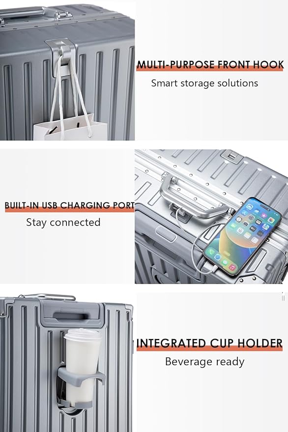 20 Inch PC Hard Shell Carry On Luggage with Aluminum Frame, Grey Suitcase with Cup Holder and USB Port, Zipperless Luggage for Business Travel