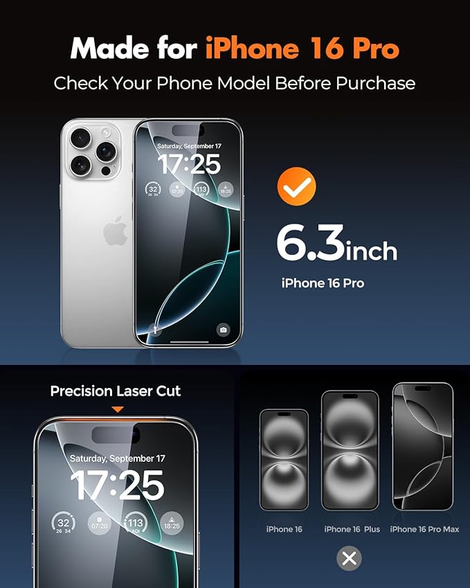 UNBREAKcable 2+2 Pack for iPhone 16 Pro Screen Protector & Lens Protector 【Military-Grade】【Easy Install】【Efficient Night Shot】9H+ Shatterproof Tempered Glass Film,Bubble-Free&Anti-Fingerprint ,Case Friendly-6.3 inch