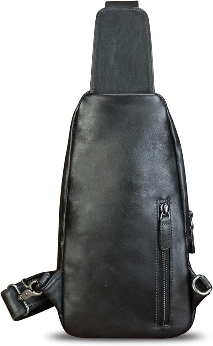 IVTG Genuine Leather Sling Bag Vintage Crossbody Shoulder Bag Handmade Casual Backpack Fanny Purse Chest Bag (Black)
