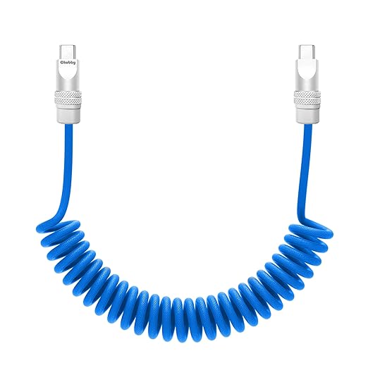 chubbycable Curly Chubby Retractable Fast Charging Cable 240W Coiled Charger Cord for Car Durable USB C Cable Compatible with iPhone 16/15 Series, Light Blue, Type-C to Type-C, 1.3FT-2.3FT