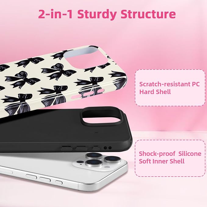 QLTYPRI Case for iPhone 14 Pro, Aesthetic Black Ribbon Bow Phone Case for Girls Women, Protective Hybrid 2-Layer Hard Shell Silicone Cover Durable Shockproof Phone Cover - Beige