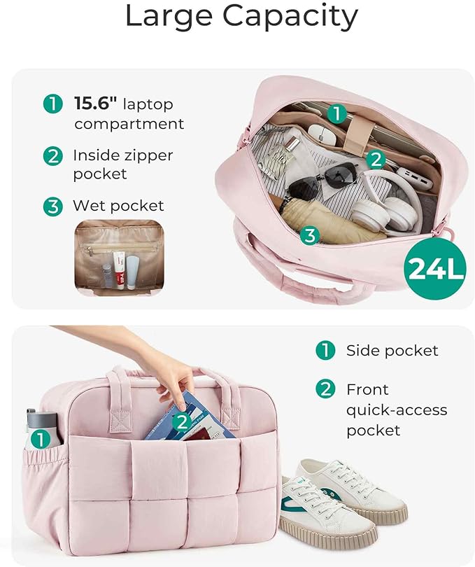 BAGSMART Gym Bag for Women, 24L Puffer Travel Duffle Bag for Travel with Laptop Compartment, Weekender Bags for Women, Carry On Duffel Bag Personal Item Bag, Baby Pink