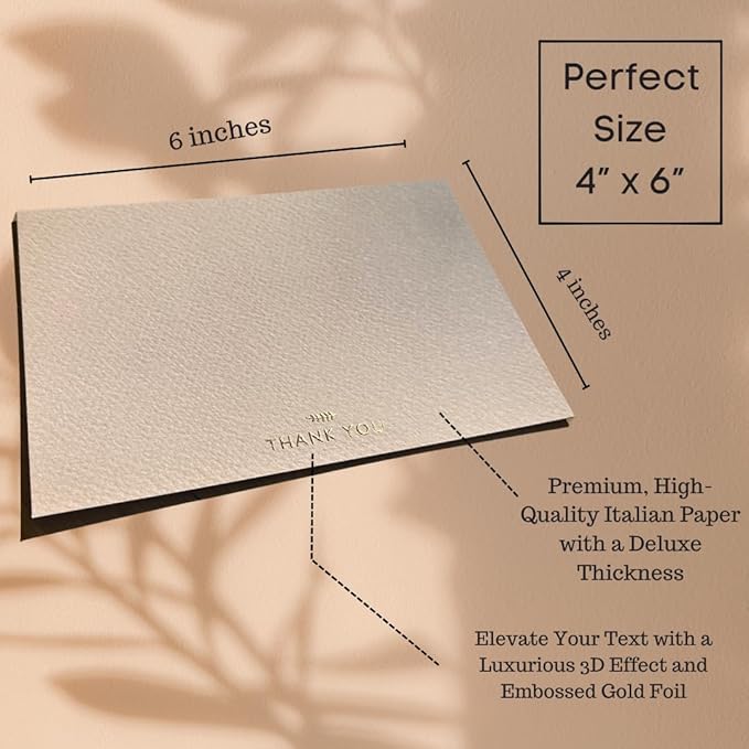 RUN2PRINT (36 Pack) Thank You Cards With Envelopes & Gift of 36 Foiled Stickers - Elegant Emboss Rose Gold Foil Pressed Blank Notes Wedding All Occasion Cards (Beige)