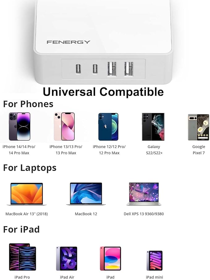 Fenergy 65W USB C Charger Block, GaN Fast Charging Station Hub, 4-Ports USB C and USB A Multiport Desktop Charger Adapter Plug Cube with 6ft AC Cable for iPhone 15 Pro Max/iPad/Galaxy/Tablet and More