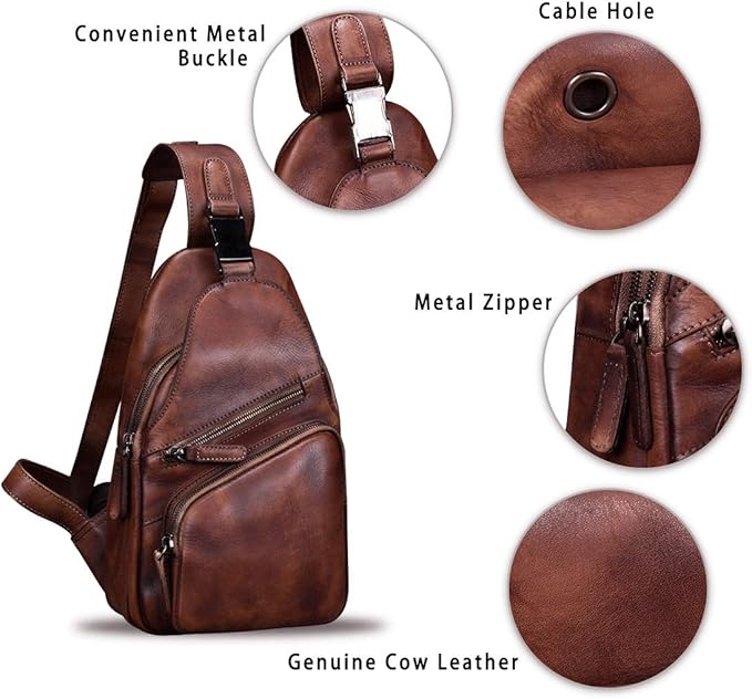 IVTG Genuine Leather Sling Bags for Men and Women Chest Shoulder Backpack Handmade Crossbody Motocycle Daypack