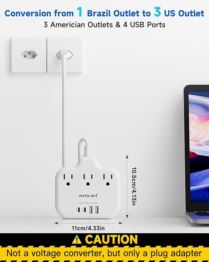 Brazil Power Adapter with 5FT Extension Cord, meta-ant US to Brazil Travel Plug with 3 American Outlets and 4 USB Charger Port(2 USB C), Type N Adaptor for USA to Brazilian Brazil, White