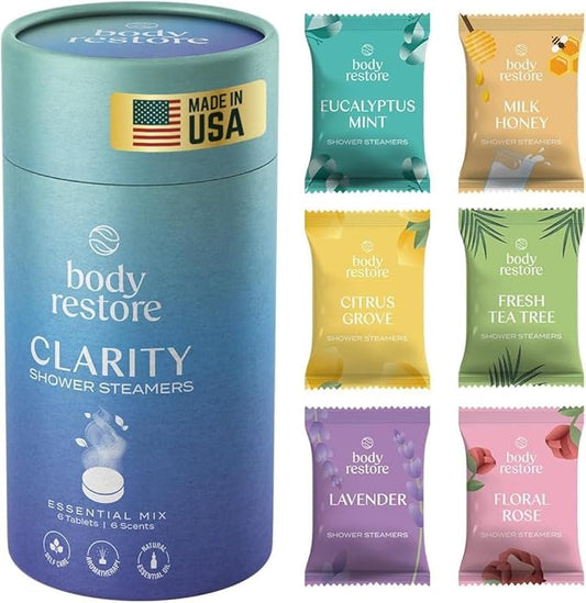 Body Restore Shower Steamers Aromatherapy 6 Pack - Christmas Stocking Stuffers for Men, Birthday Gifts for Women, White Elephant, Relaxation, Self Care - Clarity
